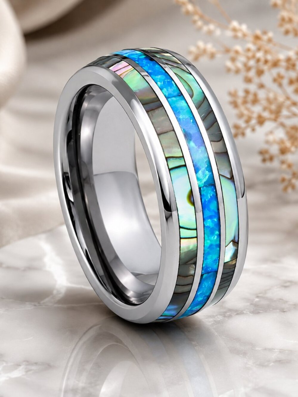 Silver Tungsten Ring with Abalone Shell & Blue Opal Inlay - GALTUN1089-8.5